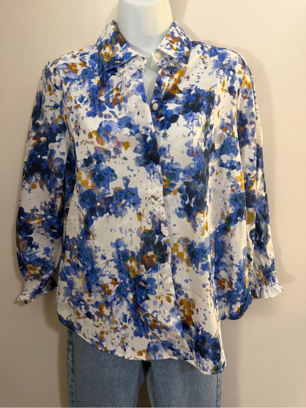 Foxcroft White Blouse with Blue and Gold Floral Print